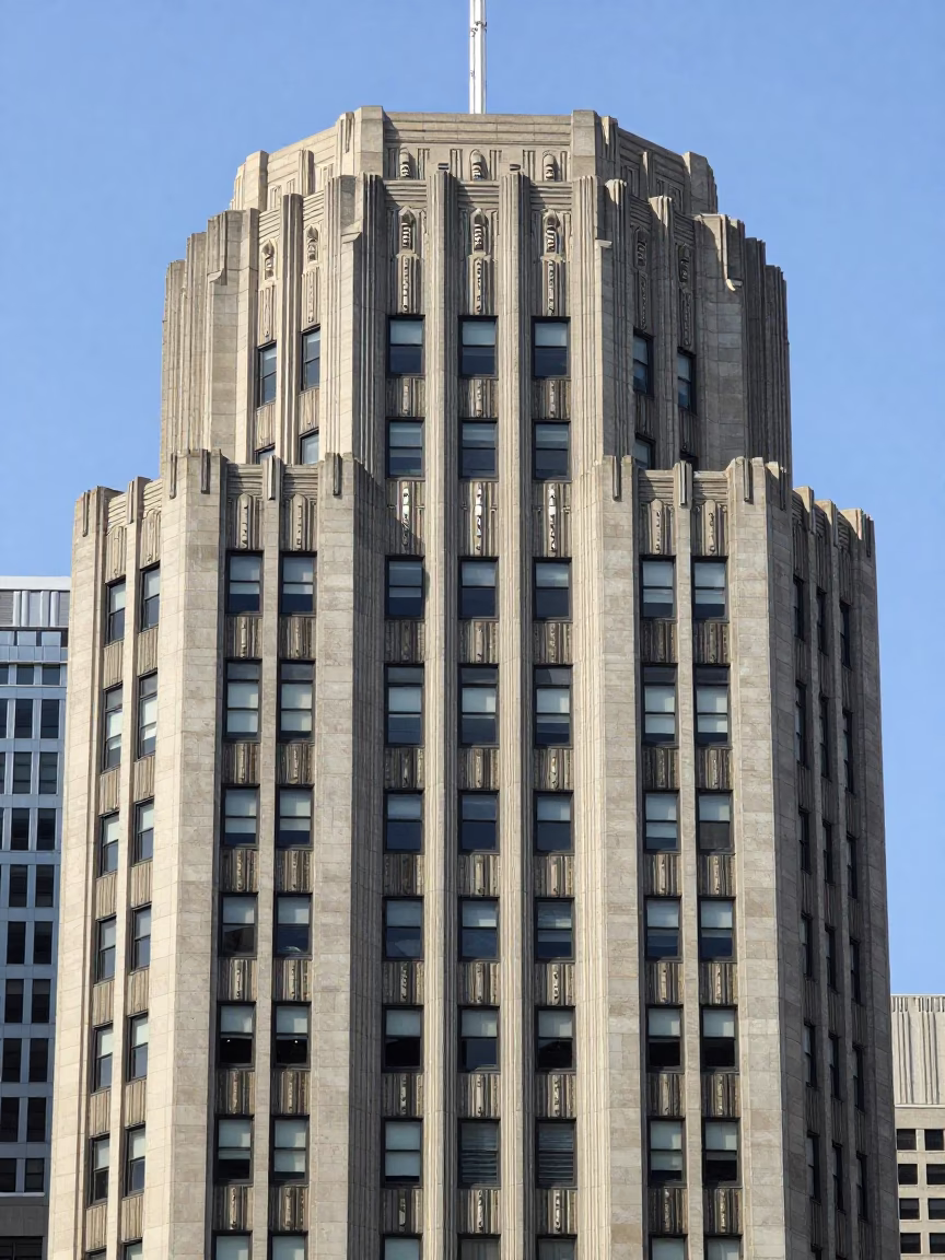 Noon Light on Philadelphia Art Deco Hotel Facade with Street Level Details in in Philadelphia, Pennsylvania, United States