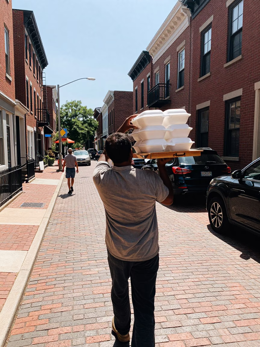 Noon light on Philadelphia brick street with man carrying tray of Tom Yum Goong in in Philadelphia, Pennsylvania, United States