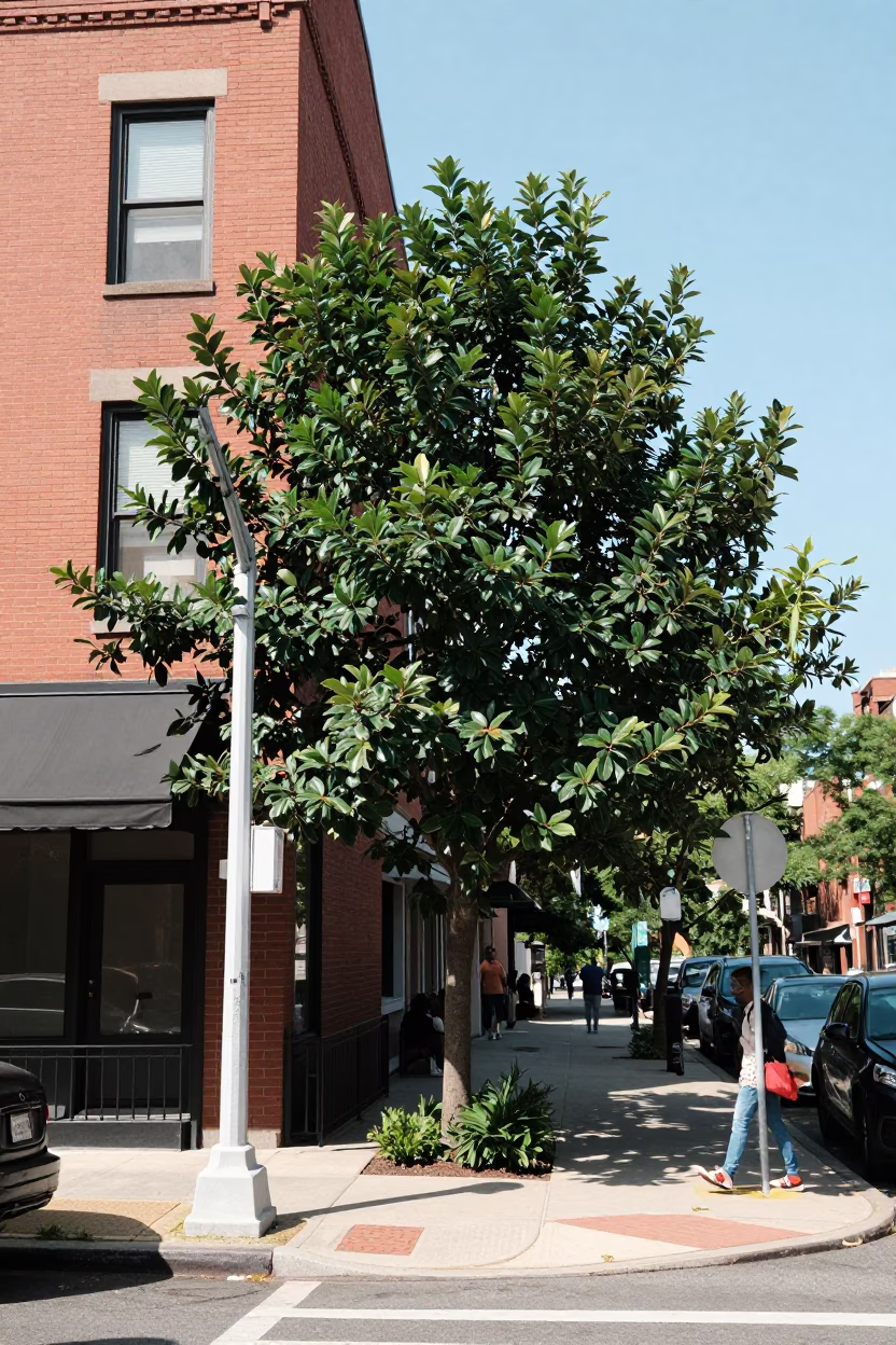 Noon Light on Philadelphia Street Corner with Greenery and Urban Details in in Philadelphia, Pennsylvania, United States