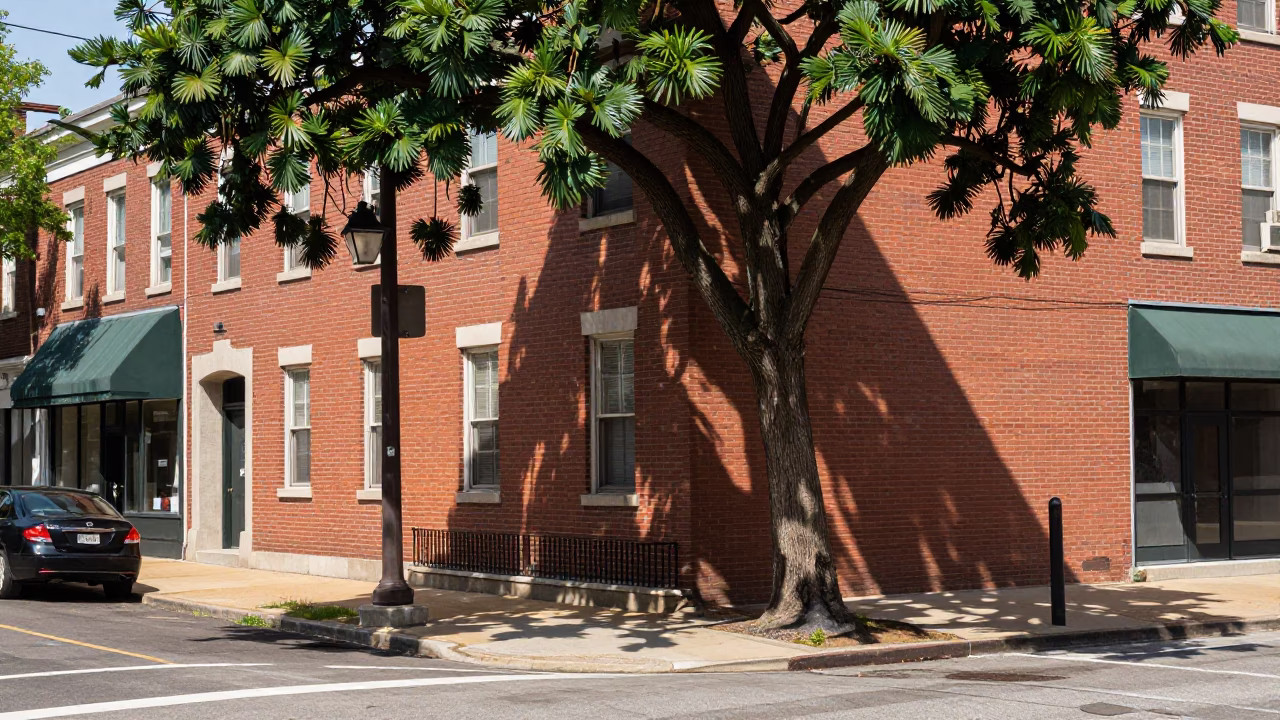 Noon Light on Philadelphia Street Corner with Monkey Puzzle Tree and Urban Detail in in Philadelphia, Pennsylvania, United States
