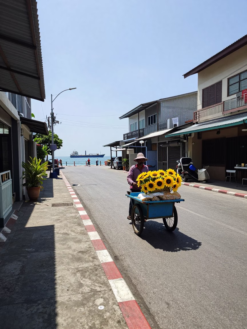 Noon Light on Phuket Street with Cargo Ship Horizon and Sunflower Vendor in in Phuket, Thailand