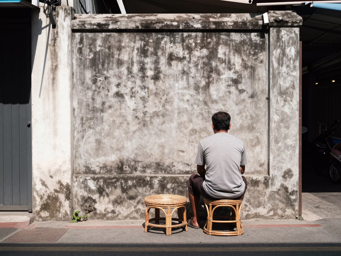Noon Light on Phuket Street with Rattan Stool and Hose Nozzle in Thailand in in Phuket, Thailand