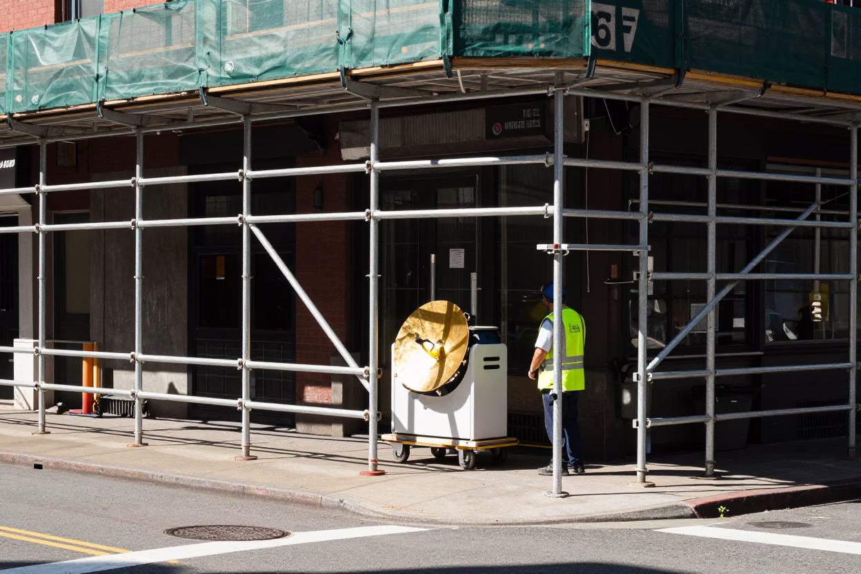 Noon light on Portland street corner with scaffolding and urban details in in Portland, Oregon, United States