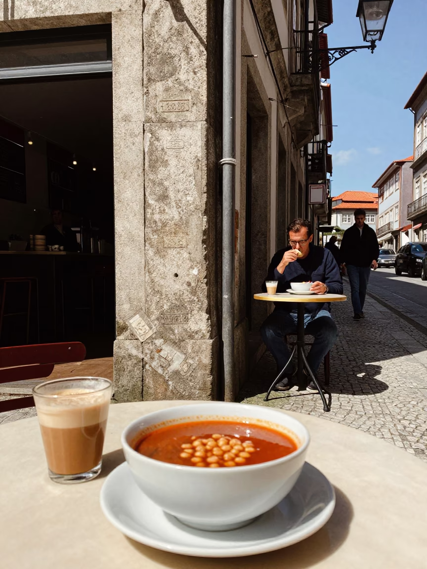 Noon Light on Porto Street Corner with Coffee and Condiment Bowl in in Porto, Portugal