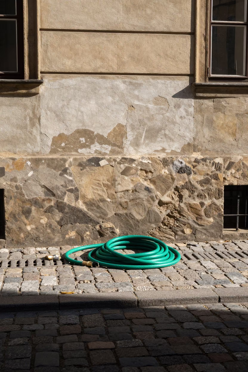 Noon Light on Prague Cobblestones with Garden Hose and Paint Flecks in in Prague, Czech Republic