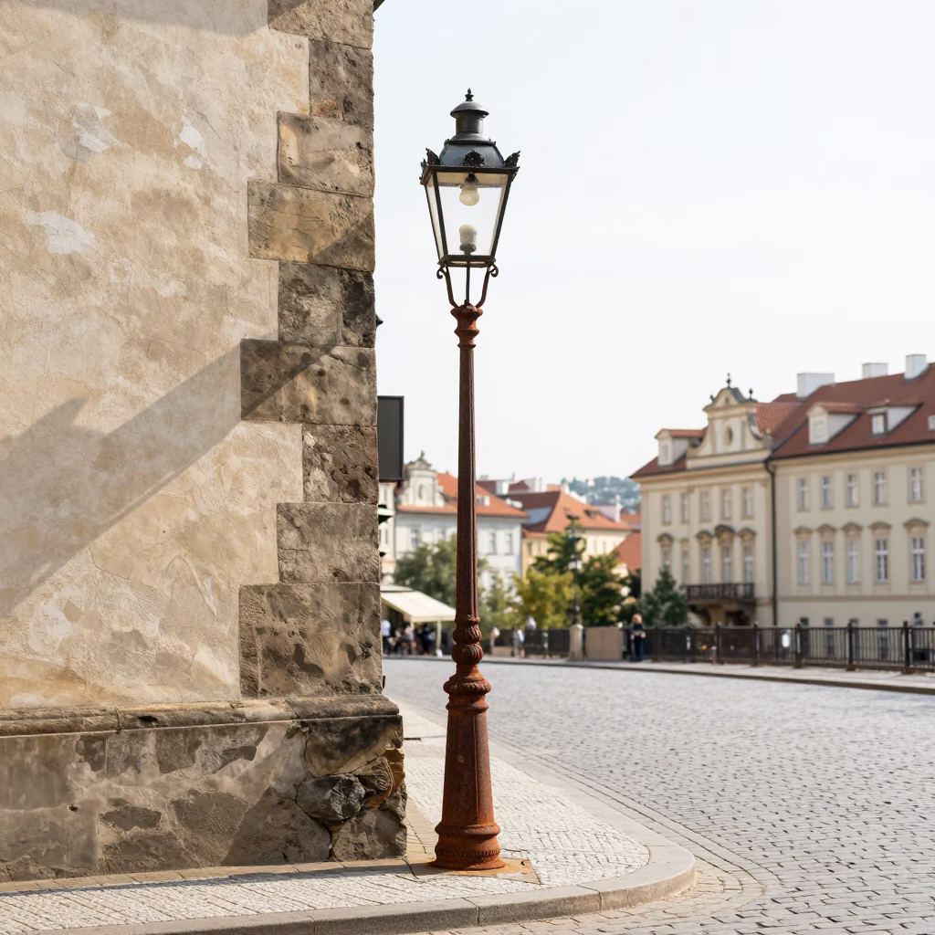 Noon Light on Prague Cobblestones with Rusty Street Lamp and Glass Tumbler in in Prague, Czech Republic