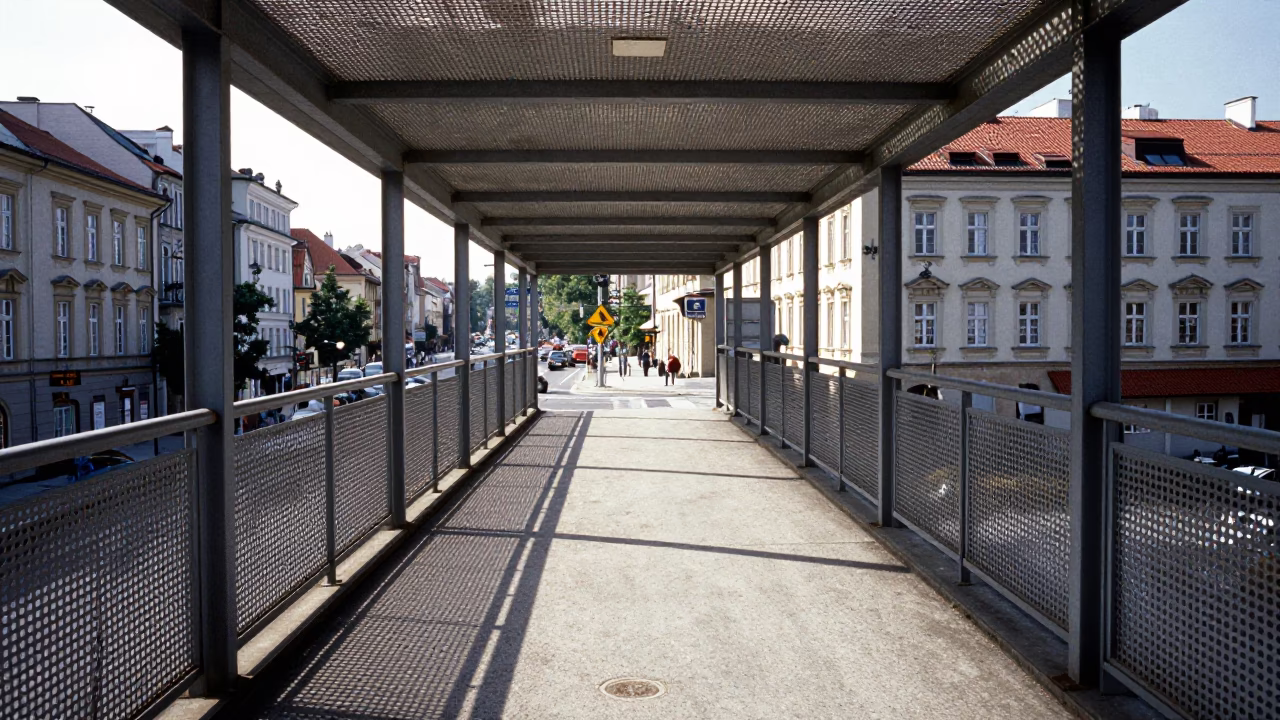 Noon light on Prague pedestrian overpass with perforated metal and wet footsteps in in Prague, Czech Republic
