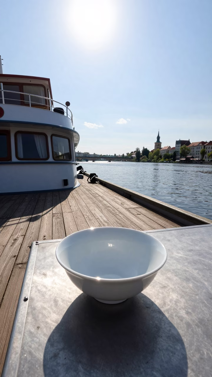 Noon Light on Prague Riverbank Boat Deck with Porcelain and Rust Details in in Prague, Czech Republic