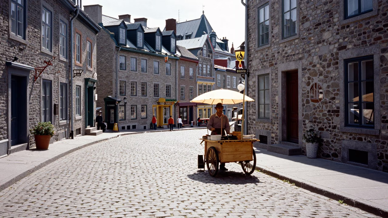 Noon Light on Quebec City Cobblestones with Street Vendor and Pedestrians in in Quebec City, Quebec, Canada