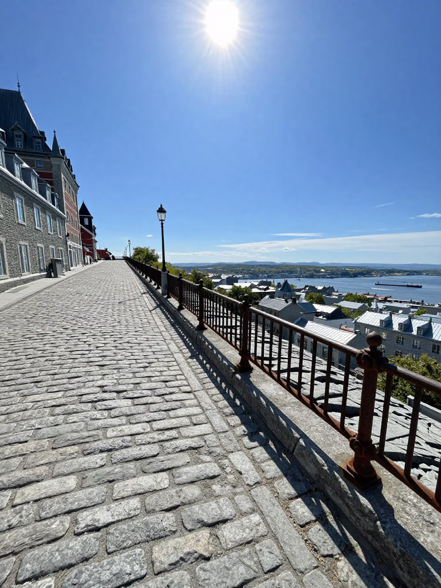 Noon Light on Quebec City Stone Pavement and Metal Railings Near Historic Fortifications in in Quebec City, Quebec, Canada