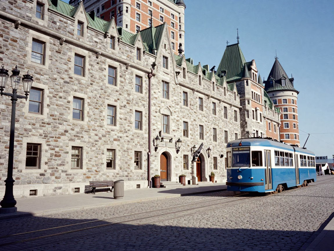 Noon light on Quebec City stone walls with tram and flower market stop in in Quebec City, Quebec, Canada