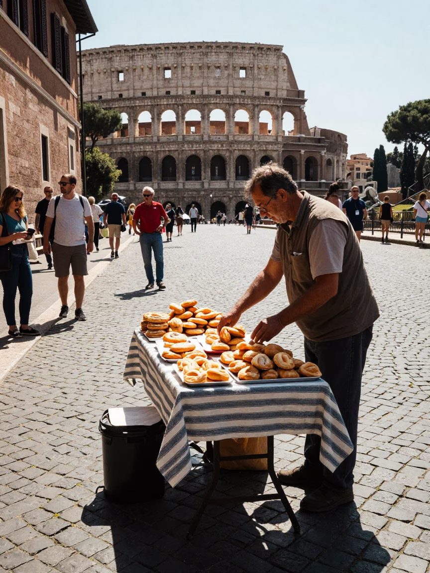 Noon Light on Roman Cobblestones with Pastries and Key Bowl in in Rome, Italy