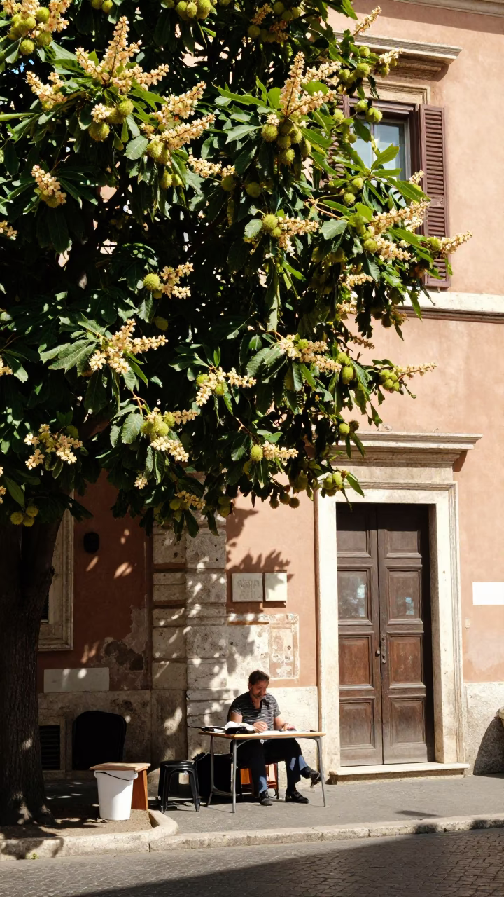 Noon Light on Roman Street Corner with Chestnut Husks and Tool Caddy in in Rome, Italy