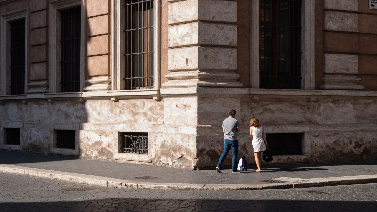 Noon Light on Roman Street Corner with Shaving Brush and Saucer in in Rome, Italy
