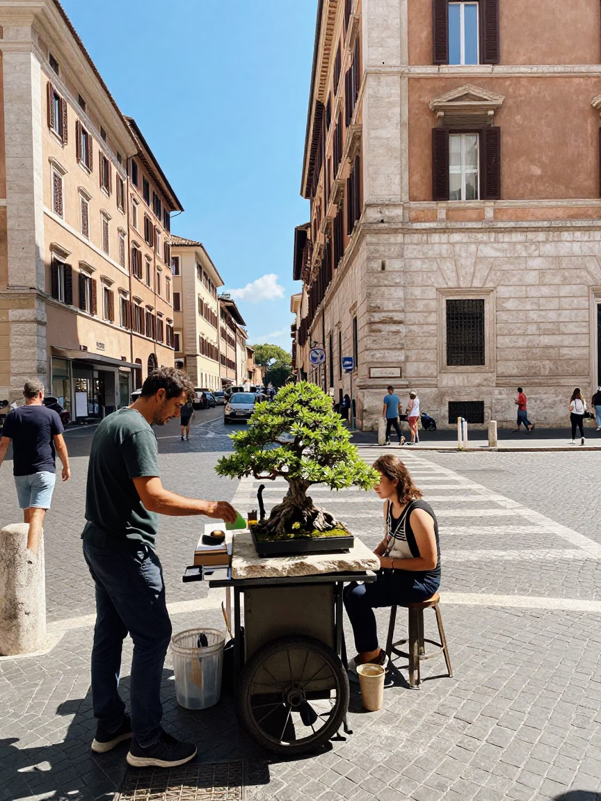 Noon Light on Roman Street Corner with Stone Slab Bonsai and Kitchenware in in Rome, Italy