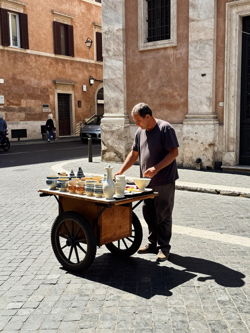 Noon Light on Roman Street Vendor with Ceramic Bowl and Linen Fringe in in Rome, Italy