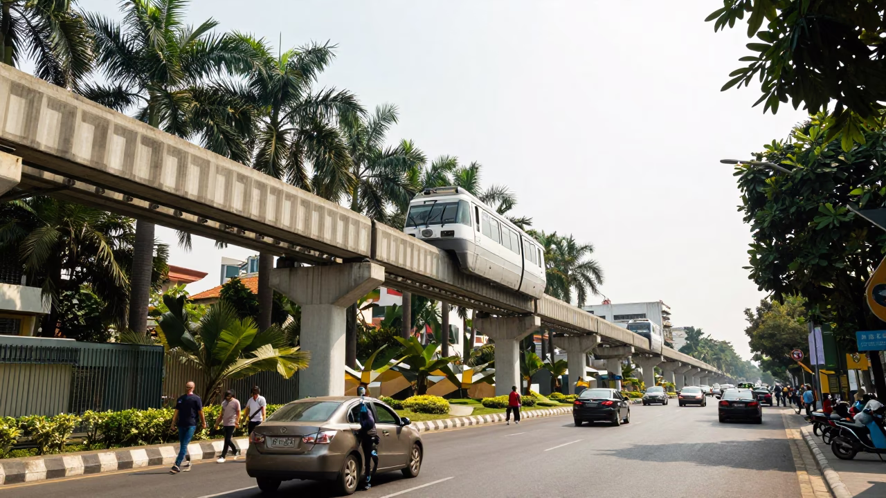 Noon Light on Saigon Street with Monorail and Kettle in in Ho Chi Minh City, Vietnam