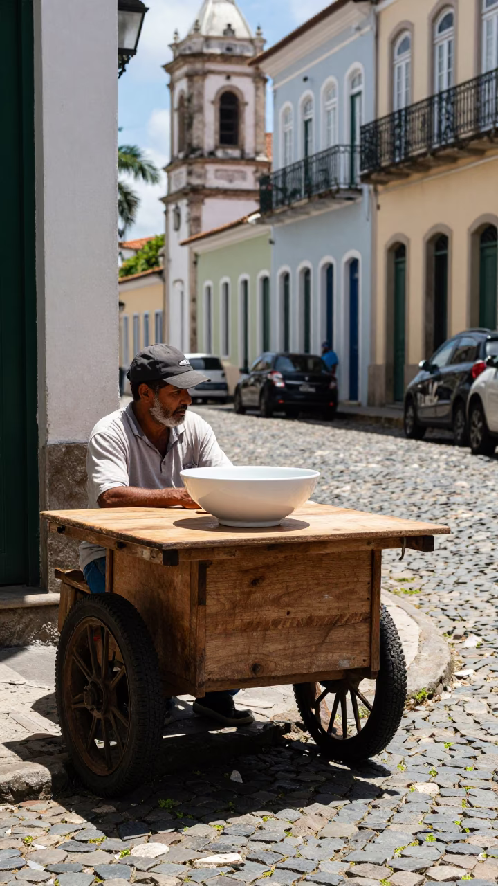 Noon light on Salvador Brazil street with ceramic bowl and sisal fibers in in Salvador, Brazil