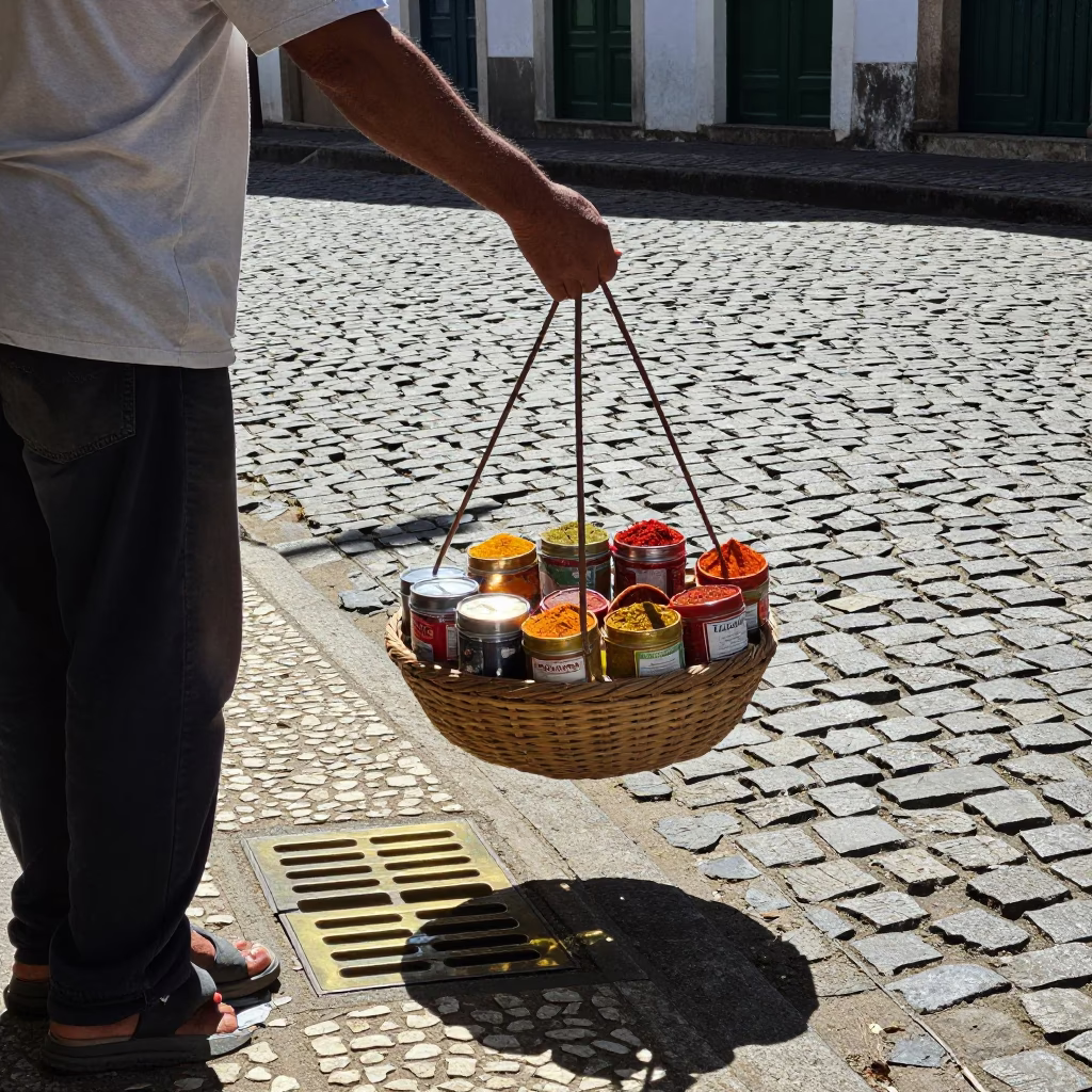 Noon Light on Salvador Brazil Street with Spice Tins and Brass Drain Detail in in Salvador, Brazil