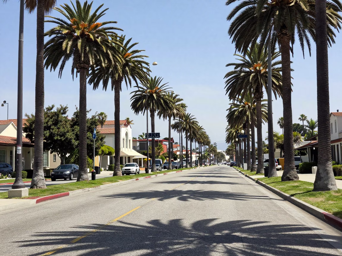 Noon Light on San Diego Boulevard Palm Trees and Vintage Street Scene in in San Diego, California, United States