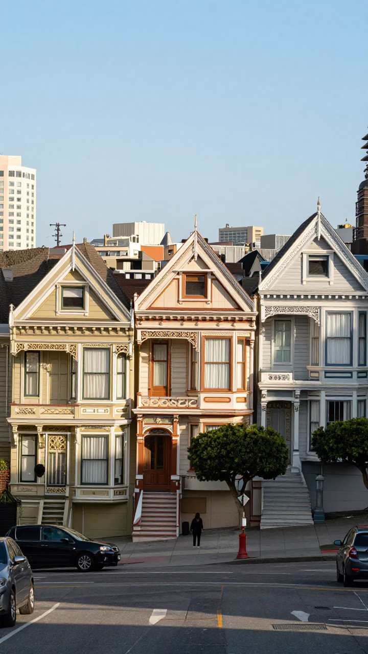 Noon Light on San Francisco Victorian Houses and Urban Street Scene in in San Francisco, California, United States