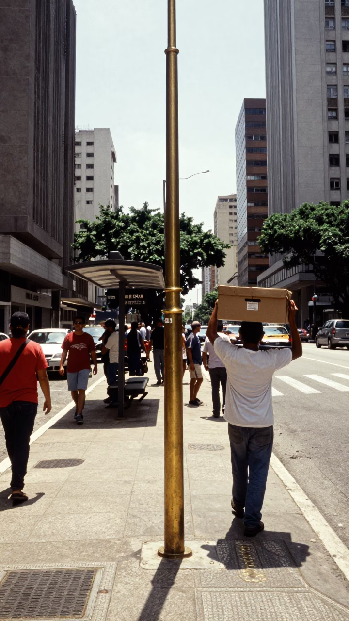 Noon light on São Paulo street corner with polished brass rail and shoebox in in São Paulo, Brazil