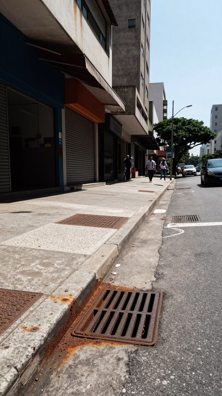 Noon Light on São Paulo Street Corner with Rust Drain and Urban Details in in São Paulo, Brazil