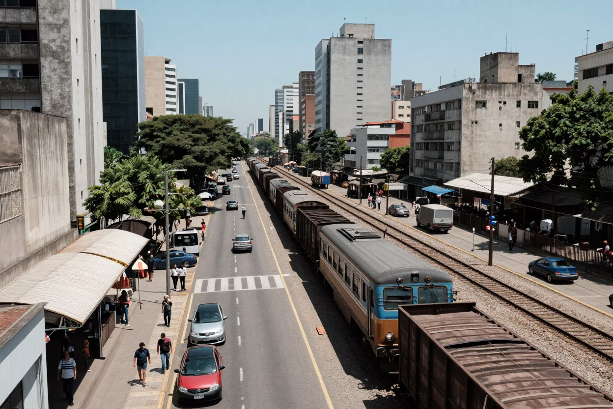 Noon light on São Paulo street with freight train and district heating pipes in in São Paulo, Brazil