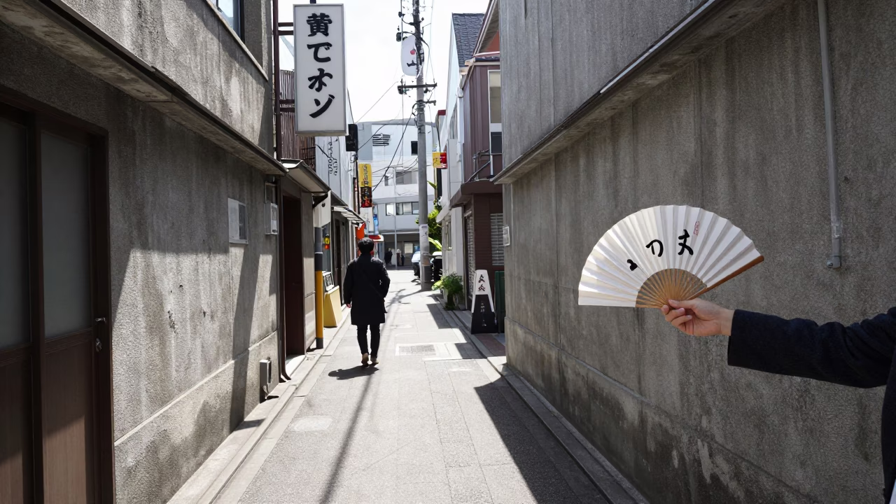 Noon Light on Sapporo Street with Paper Fan and Local Interaction in in Sapporo, Japan