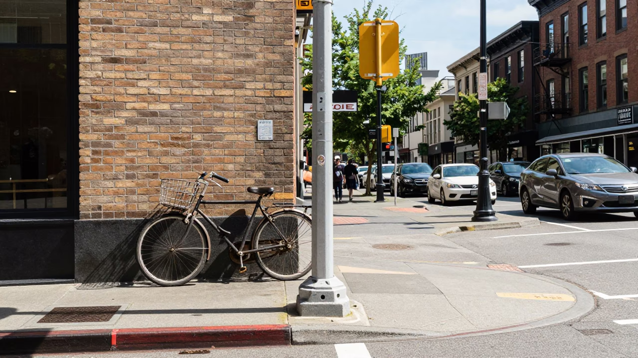 Noon light on Seattle street corner with vintage bicycle and local pedestrian in in Seattle, Washington, United States