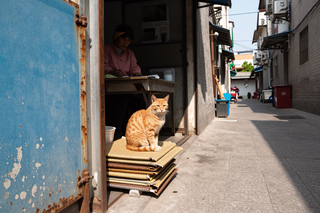 Noon Light on Shanghai Alleyway Vendor with Orange Cat and Glass Pitcher in in Shanghai, China