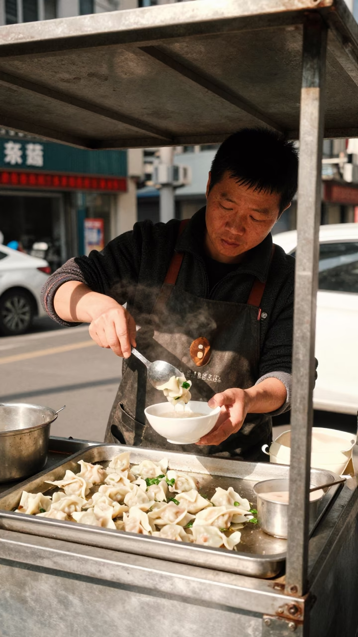 Noon Light on Shanghai Street Food Vendor Serving Wonton Soup with Bok Choy in in Shanghai, China