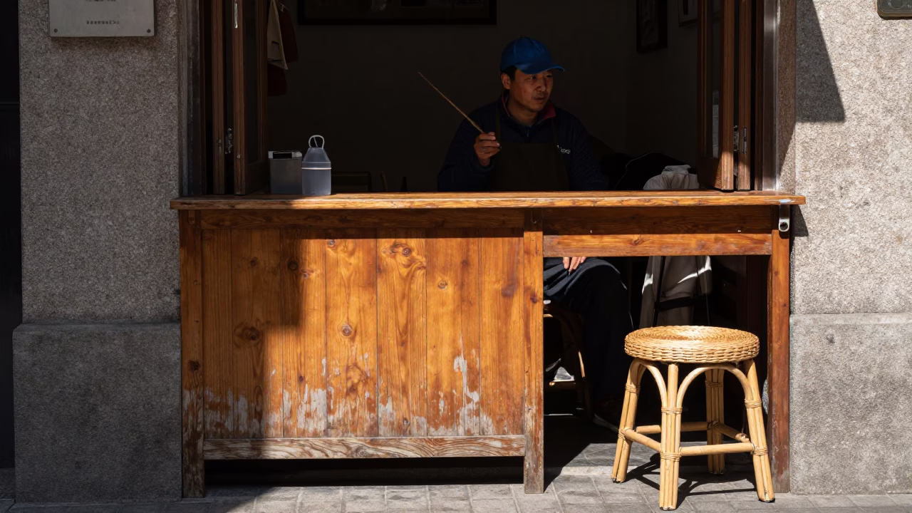 Noon Light on Shanghai Street with Wood Grain Furniture and Wicker Shadow in in Shanghai, China