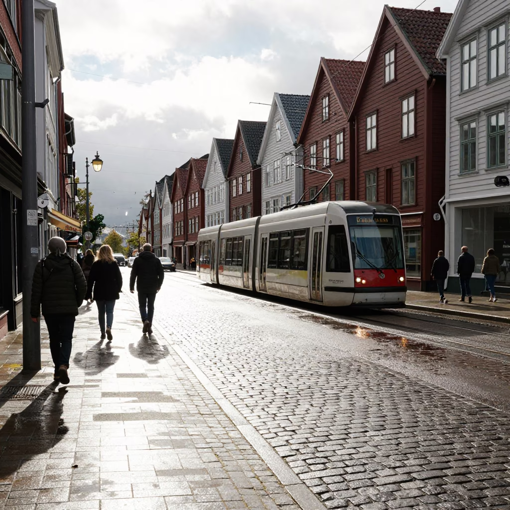 Noon Light on Steep Bergen Street with Tram and Colorful Houses in in Bergen, Norway