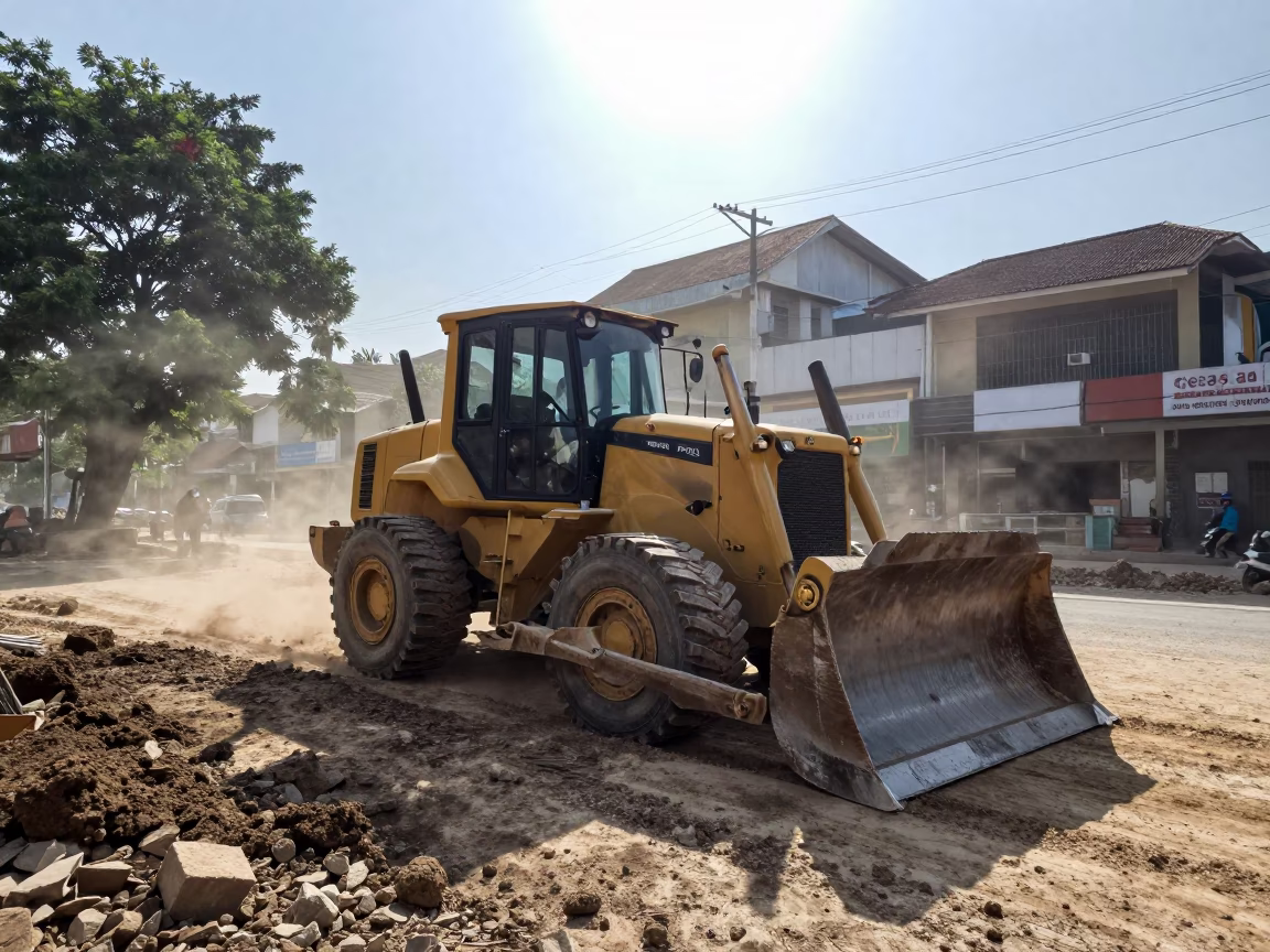 Noon Light on Surabaya Street Corner with Bulldozer and Colonial Architecture in in Surabaya, Indonesia