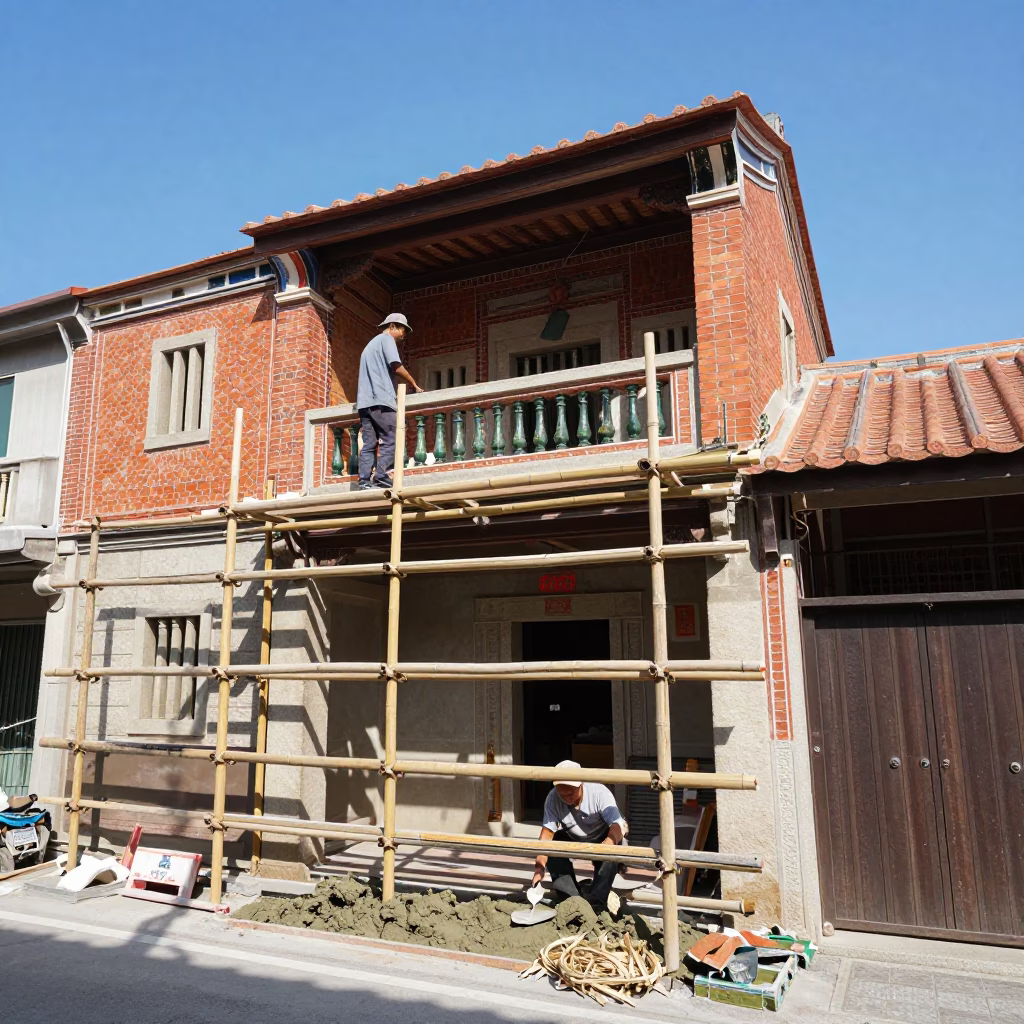 Noon Light on Tainan Street Construction Scaffold and Mason's Tools in Taiwan in in Tainan, Taiwan