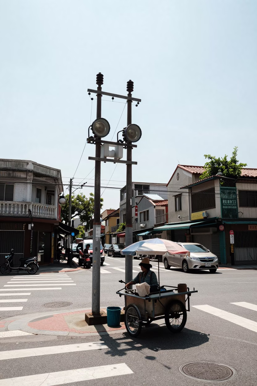 Noon Light on Tainan Street Corner with Substation Insulators and Local Vendor Stall in in Tainan, Taiwan