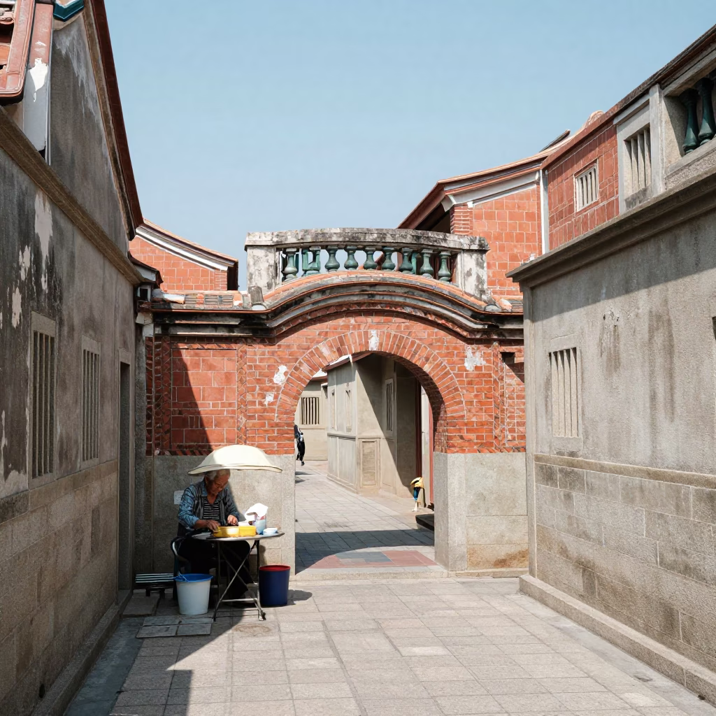 Noon light on Tainan street with elderly vendor and woven basket in in Tainan, Taiwan