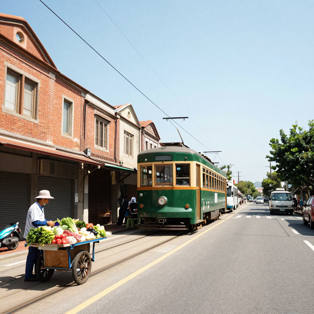 Noon Light on Tainan Street with Tram and Local Commerce in in Tainan, Taiwan