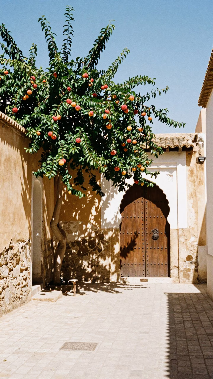 Noon Light on Tunis Medina Street with Nectarines and Traditional Clay Pottery in in Tunis, Tunisia