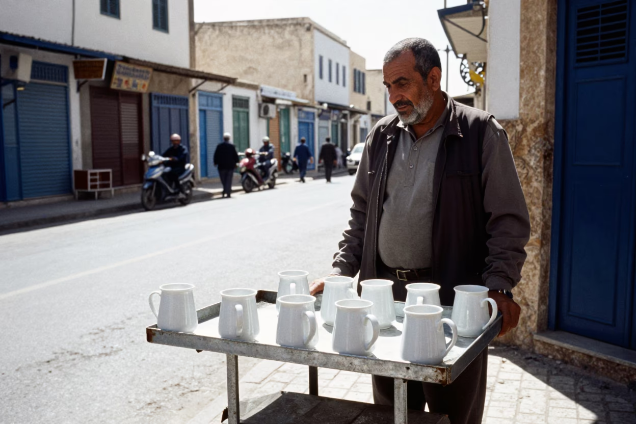 Noon Light on Tunis Street Corner with Ceramic Mugs and Fresh Herbs in in Tunis, Tunisia