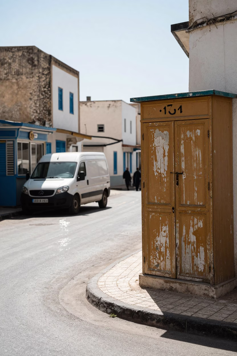 Noon light on Tunis street corner with weathered cabinet latch and peeling paint details in in Tunis, Tunisia