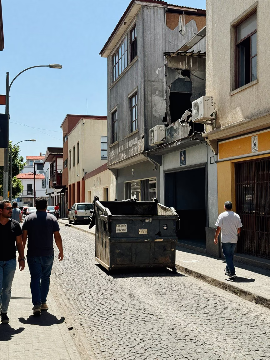 Noon Light on Valparaiso Street with Demolition Dumpster and Local Activity in in Valparaiso, Chile