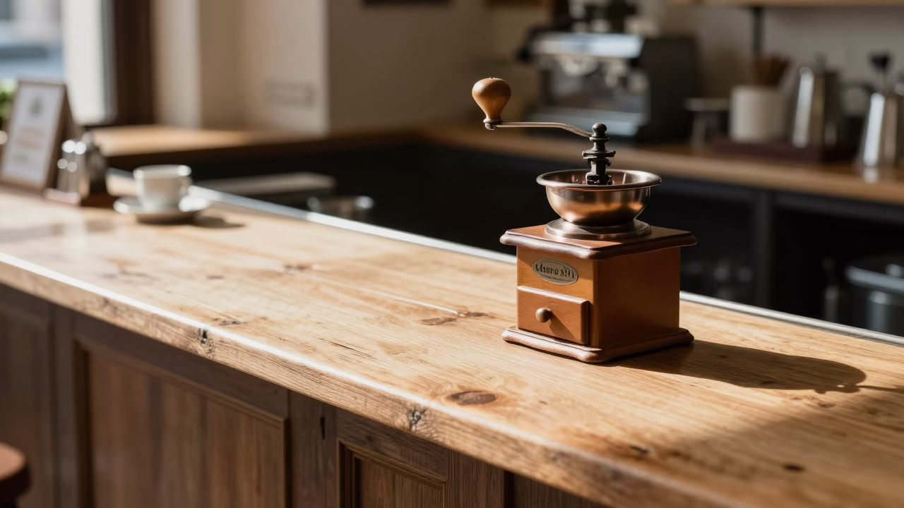 Noon light on Vienna cafe counter with vintage coffee grinder and local street scene in in Vienna, Austria
