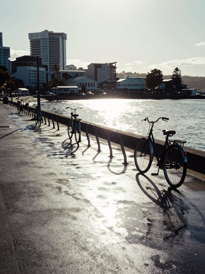 Noon Light on Wellington Harbour Waterfront Promenade with Vintage Bicycle and Ferry in in Wellington, New Zealand