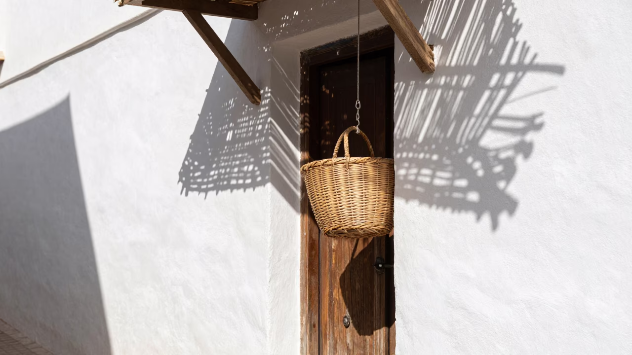 Noon Light on White Walls in Essaouira Morocco with Wicker Shadows in in Essaouira, Morocco