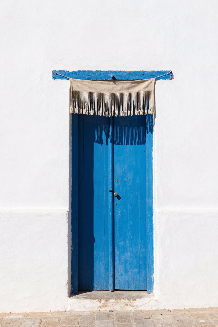 Noon light on whitewashed Essaouira medina wall with blue wooden door and linen fringe in in Essaouira, Morocco