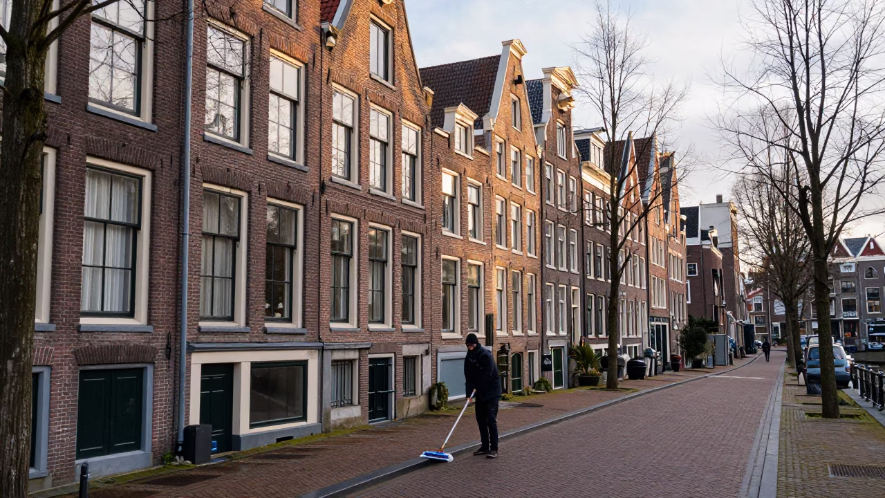 Noon Light on Worker in in Amsterdam, Netherlands