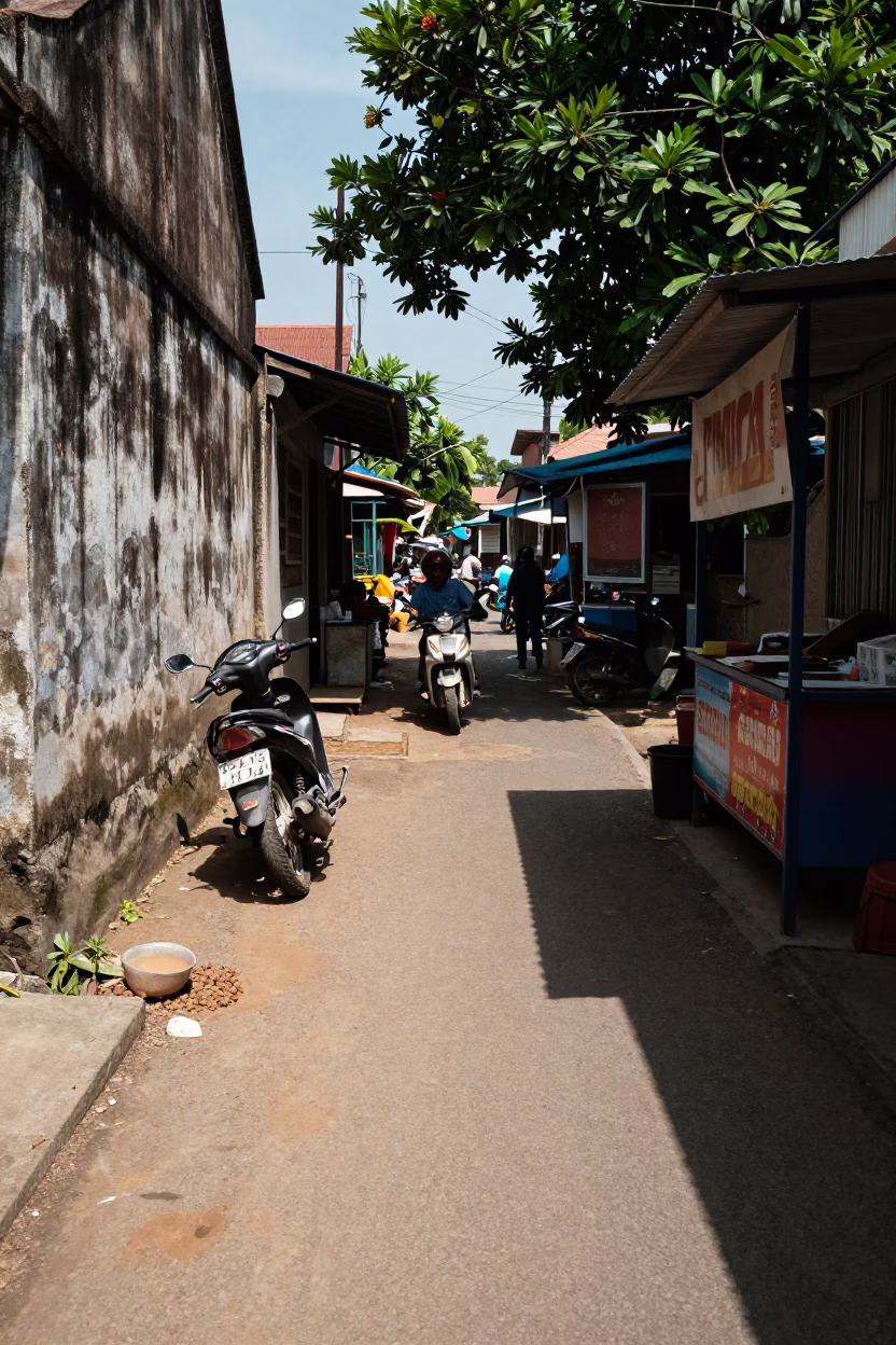 Noon Light on Yogyakarta Street with Motorbike and Clay Pot Vendor in in Yogyakarta, Indonesia
