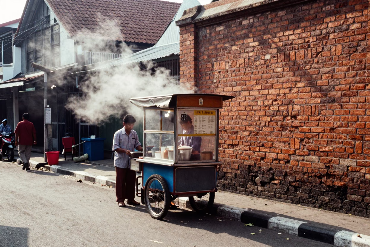 Noon Light on Yogyakarta Street with Steam and Leaf Shadows in in Yogyakarta, Indonesia